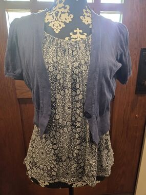 LOFT 2 Pc Set Navy Short-Sleeve Knit Cardigan And Patterned Sleeveles Top